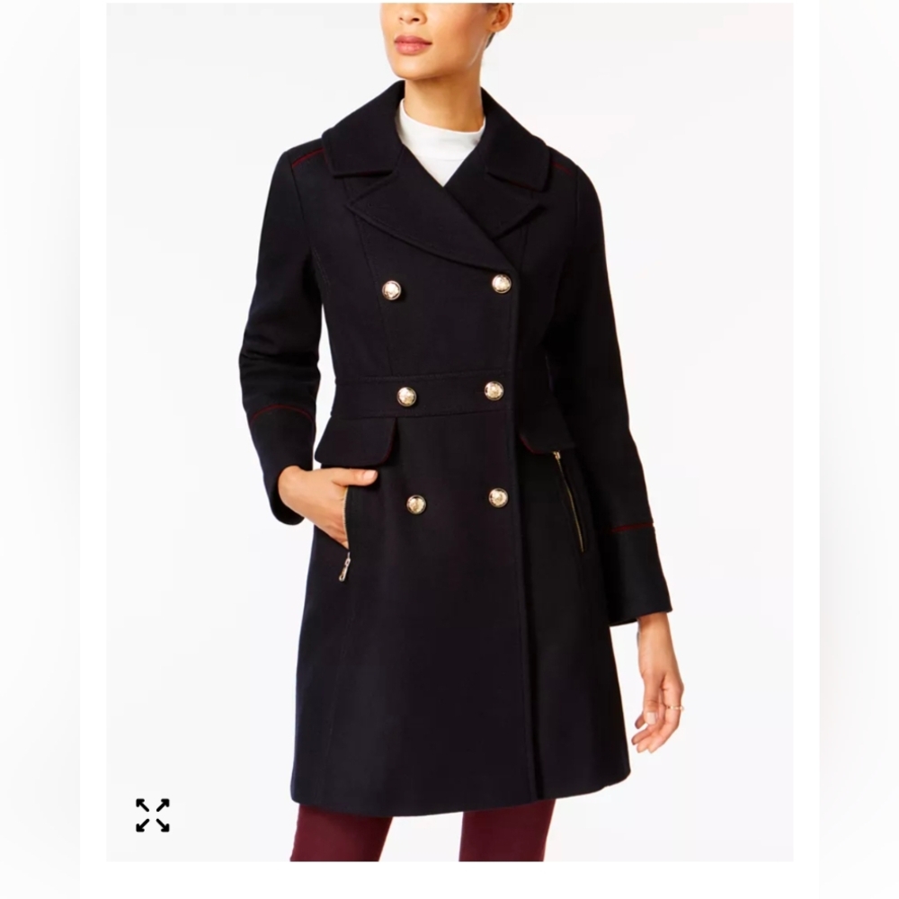 Vince Camuto Double Breasted Wool Blend Military Coat Peacoat Black Gold, XS - Picture 2 of 12